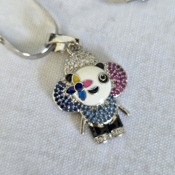 Silver Stainless Steel Multi Color Panda Bear Flower Pendant with Chain Neck… - Picture 7 of 8